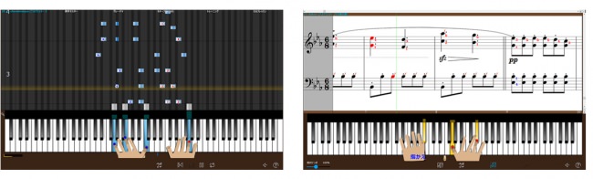 楽譜ビュー画面イメージ（左）とピアノロールビュー画面イメージ（右）