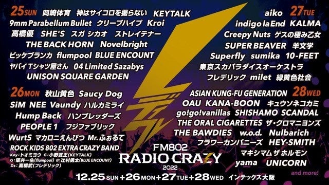 FM802が送るロック大忘年会「FM802 RADIO CRAZY」出演者第一弾発表！