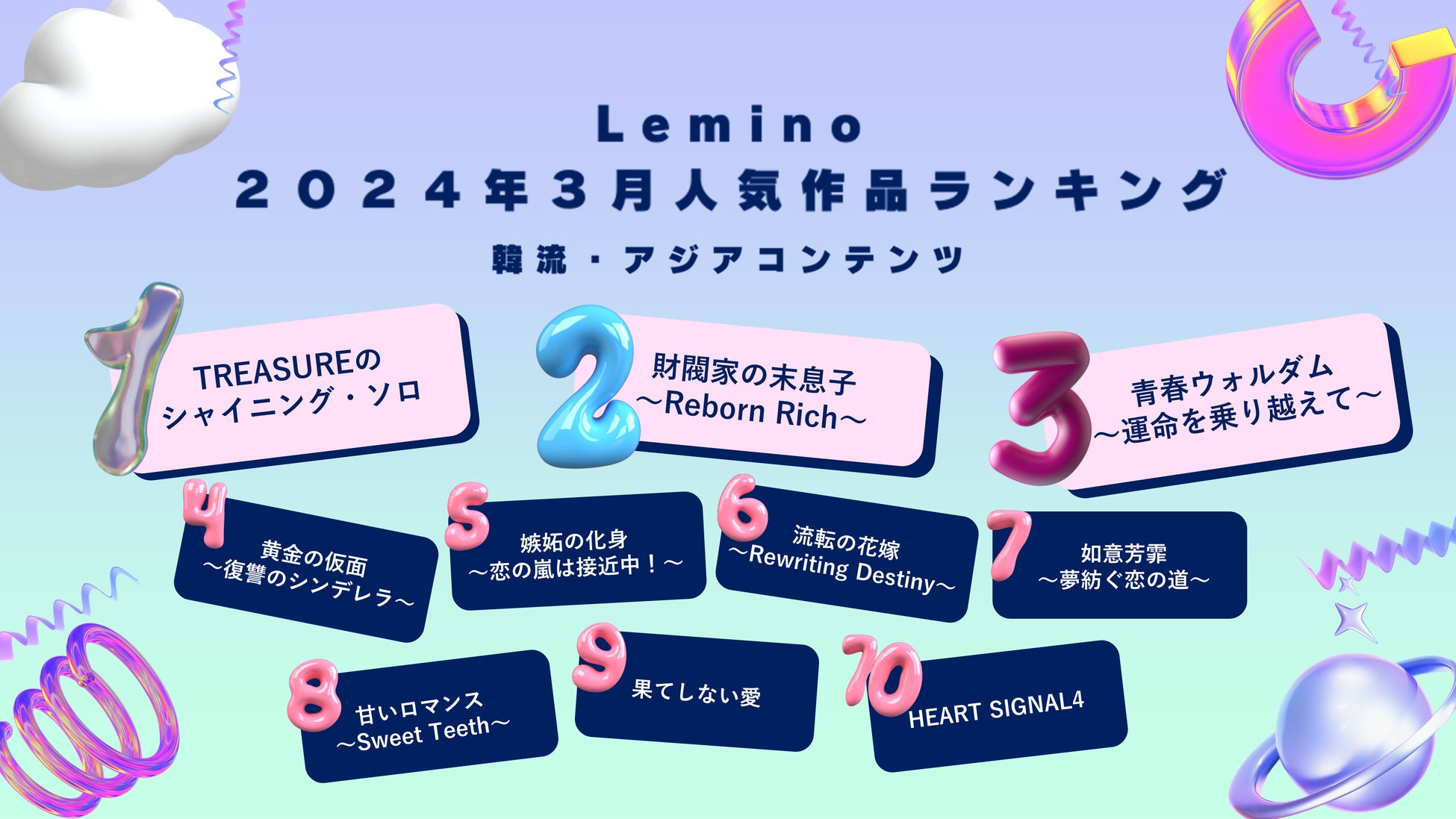 Lemino韓流・アジアコンテンツ人気作品3月のランキング１位は「TREASUREのシャイニング・ソロ」！！SEVENTEENやデビュー前のNEXZなど韓流アイドルの新作コンテンツも盛りだくさん！