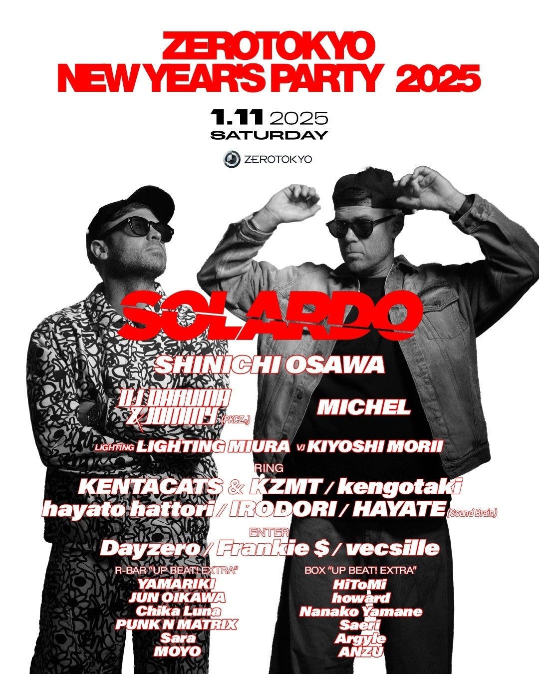 HOUSEシーンのトップを走るUKスーパーデュオSOLARDOをヘッドライナーに迎えるNEW YEAR’S PARTY。大沢伸一、DJ DARUMA&JOMMY(PKCZ®)などフルラインナップ公開！