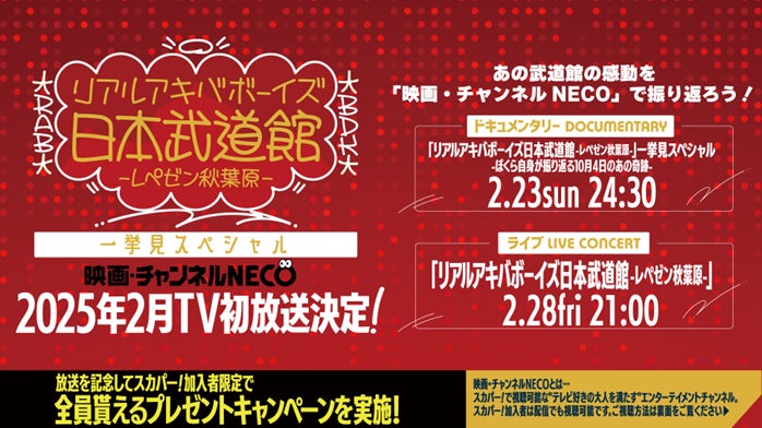 REAL AKIBA BOYZ特集TV初放送！CS放送「映画・チャンネルNECO」にて「リアルアキバボーイズ日本武道館 -レペゼン秋葉原-」一挙見スペシャルの放送を開始