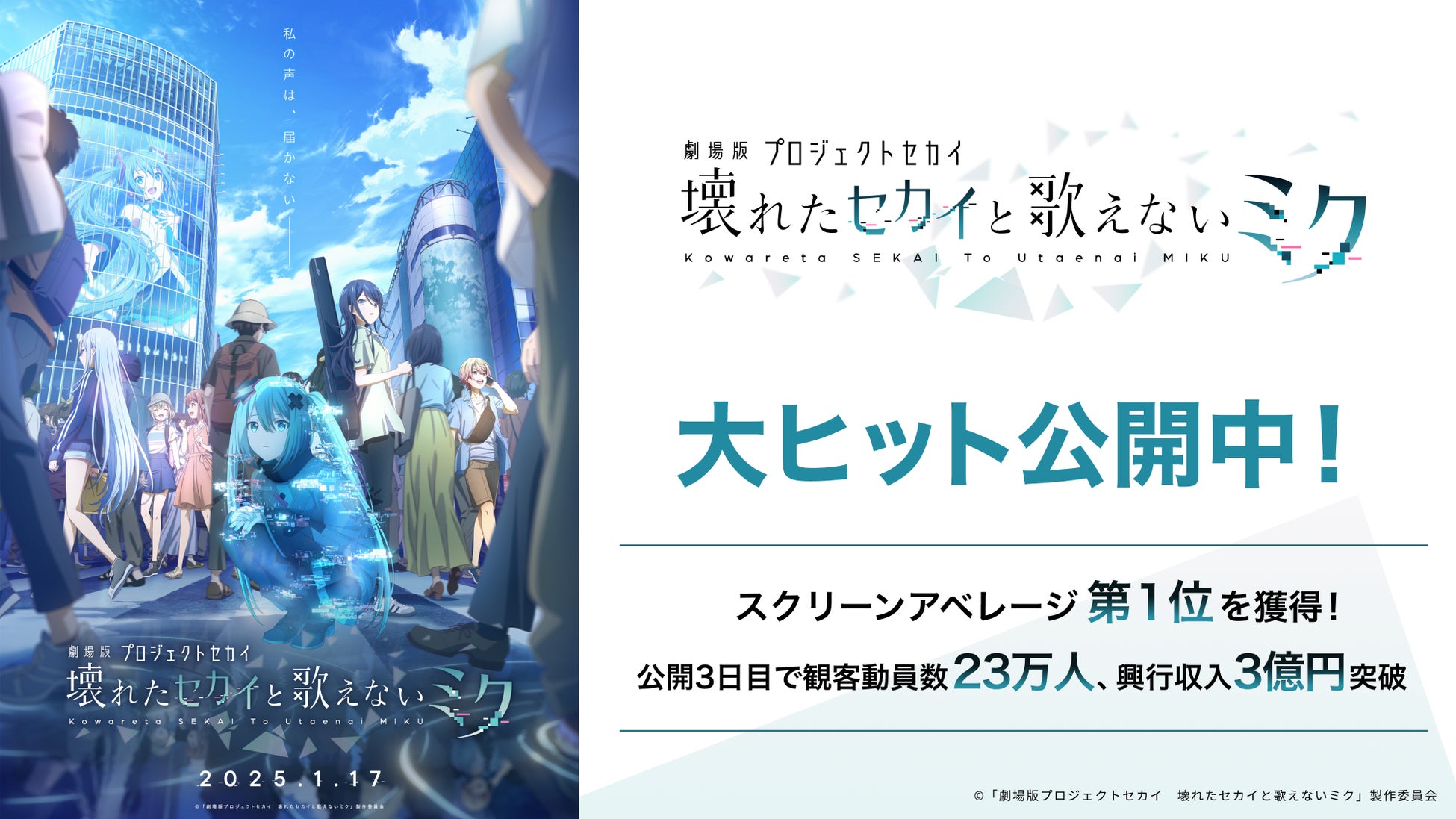 「劇場版プロジェクトセカイ」スクリーンアベレージ第一位を獲得！！公開初週3日目で観客動員数23万人、興行収入3億円を突破！