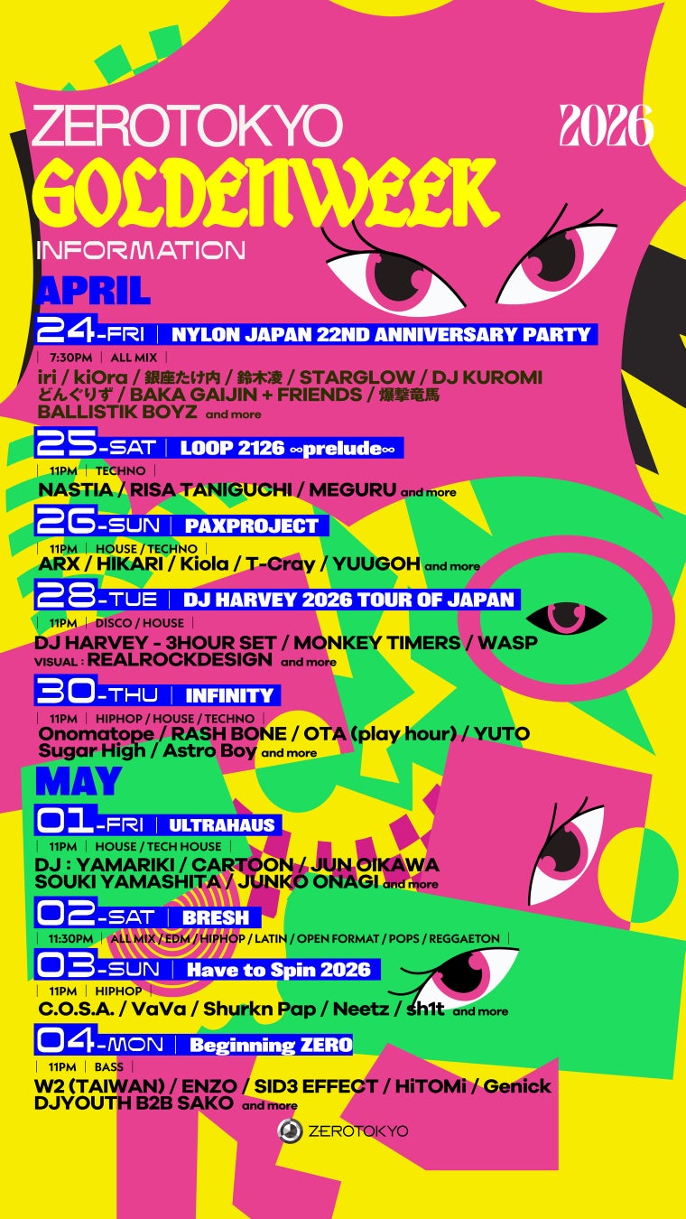 【ZEROTOKYO ゴールデンウィーク イベント情報】音楽カルチャーメディア『Rolling Stone』で世界に君臨するDJトップ10に選出されたDJ HARVEYが遂に初登場！