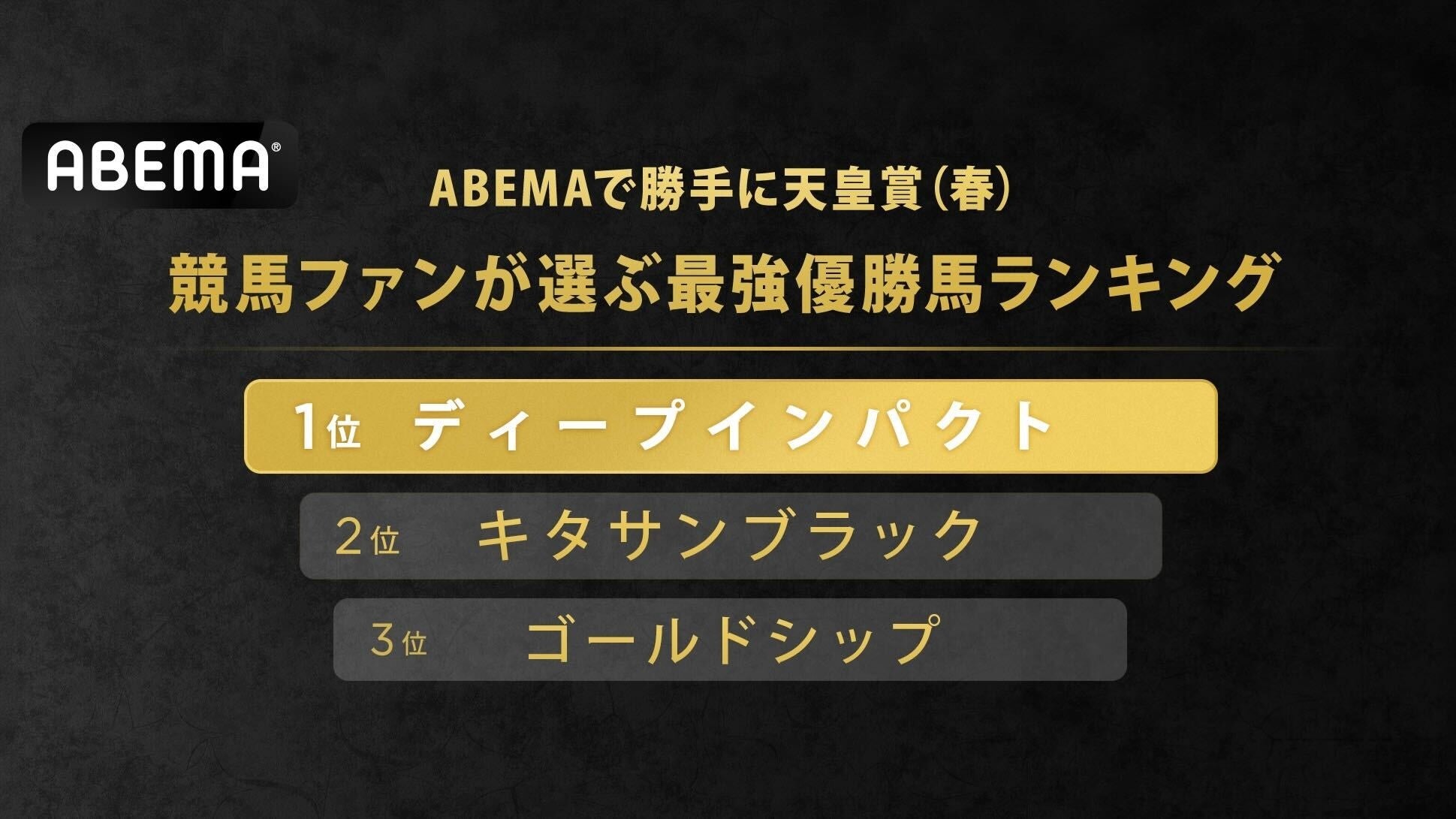 競馬ファンが選ぶ歴代最強優勝馬は？「ABEMAで勝手に天皇賞（春）」投票ランキング発表！第1位は「ディープインパクト」に決定！「ちょっと負けるイメージがわかないな…」