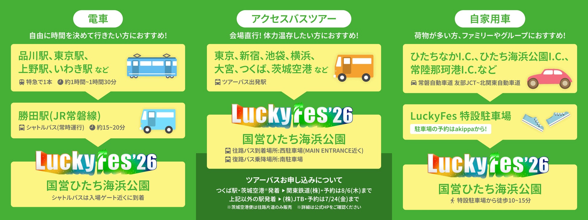 LuckyFes’26に上野駅発朝夜JR特急増便決定！勝田駅発シャトルバスや東京ターミナル駅・つくば駅・茨城空港発のアクセスバスも拡充。駐車場も完備。行きも帰りも快適に！