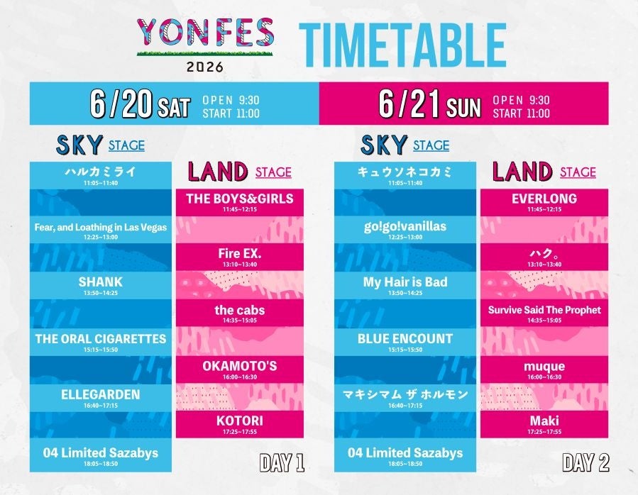 04 Limited Sazabys主催・野外フェス＜YON FES 2026＞タイムテーブルを公開！エルレ、ホルモンら10周年を飾る豪華アクトがモリコロパークに集結