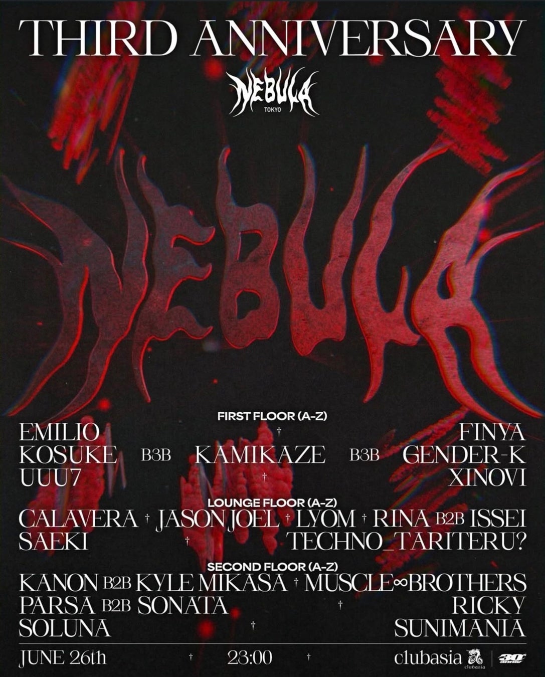 音楽を通じたコミュニティ形成を目指す「NEBULATOKYO」が、2026年6月26日金、渋谷・Club Asiaにて3周年記念イベント「NEBULA THIRD ANNIVERSARY」を開催