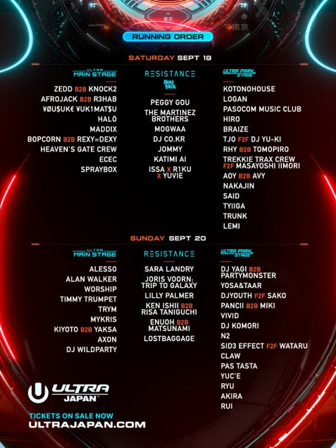 日本最大級 都市型ダンスミュージックフェスティバル　　　　　　　1日目にZedd B2B Knock2、2日目にAlessoが登場！　　　「ULTRA JAPAN 2026」アーティスト出演日程公開！