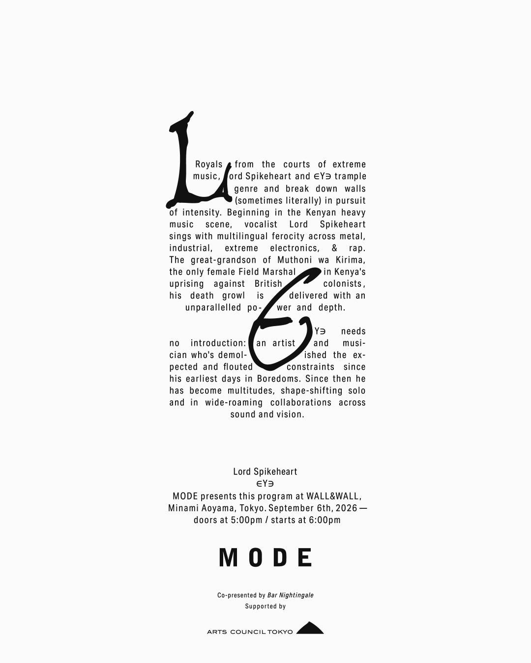 実験的な芸術を通じて「交換・交流」の場を生み出すアートプラットフォーム「MODE」が、9月6日（日）、東京・南青山のWALL＆WALLにてパフォーマンスプログラムを開催。