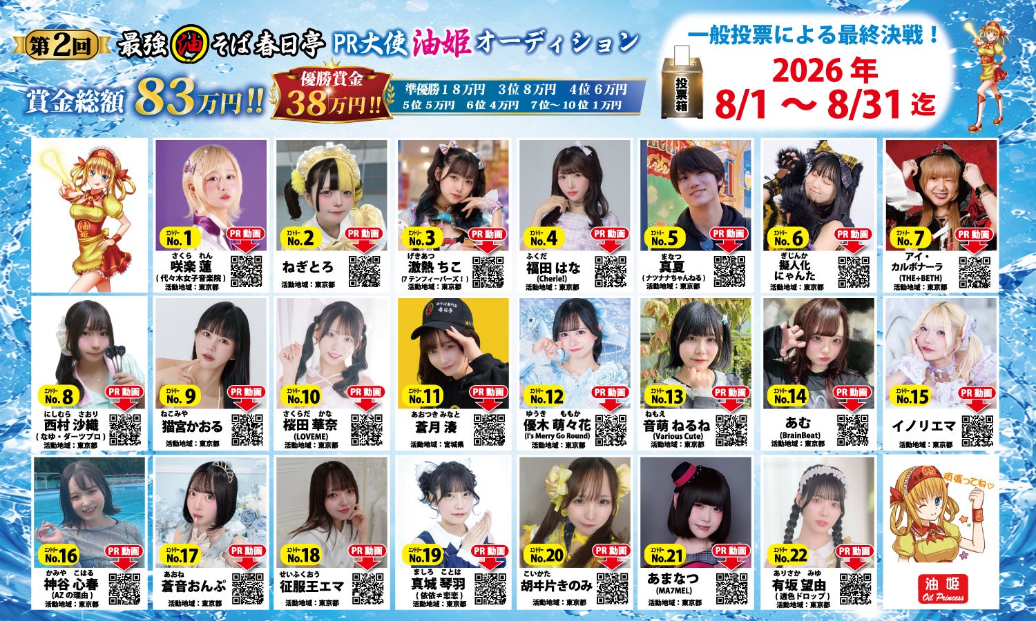 「油そば×アイドル」が飲食店を元気にする。 前年２万８７５票の話題企画が拡大！ 油そば春日亭『第2回 油姫オーディション』開催