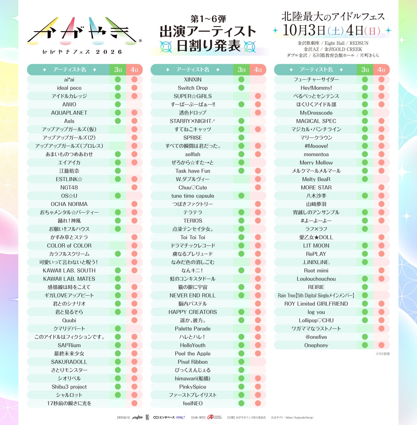 北陸最大のアイドルフェス「かがやきフェス2026」第1～6弾出演アーティスト日割り発表・かがやきフェス公式アプリ配信中・チケット「かがやきフェス満喫チケット」数量限定先行販売中！