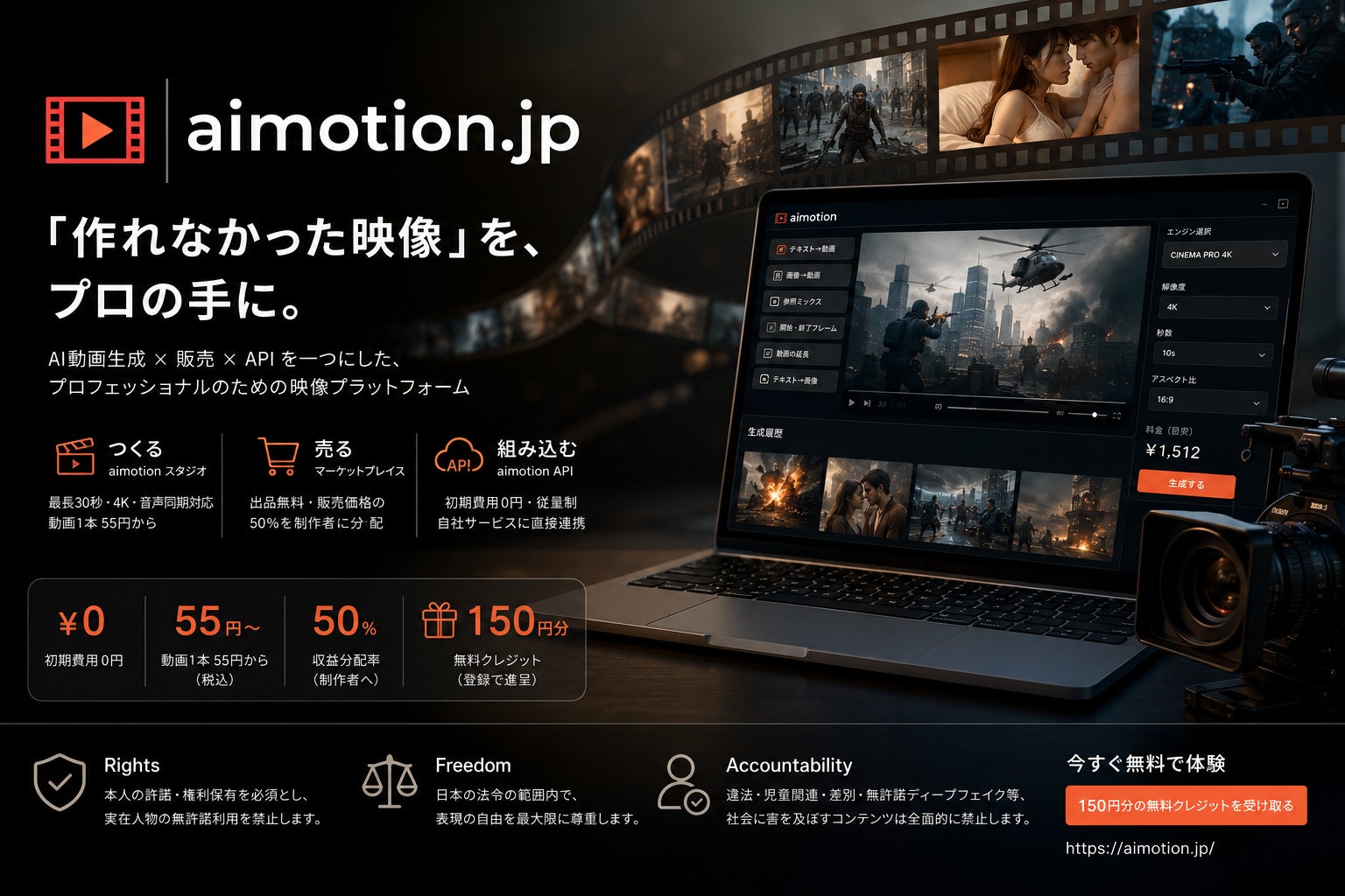 「テレビでは流せるのに、AIでは作れない」を終わらせる。AI映像プラットフォーム「aimotion」、初期費用0円・1本55円から